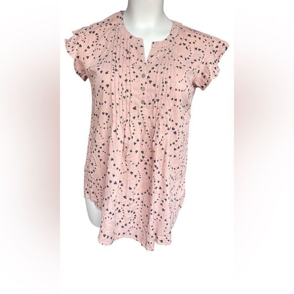 Pink top Black Hearts Prints XL Bottoms Down Neckline String Tie Ruffle Sleeves - Picture 1 of 8